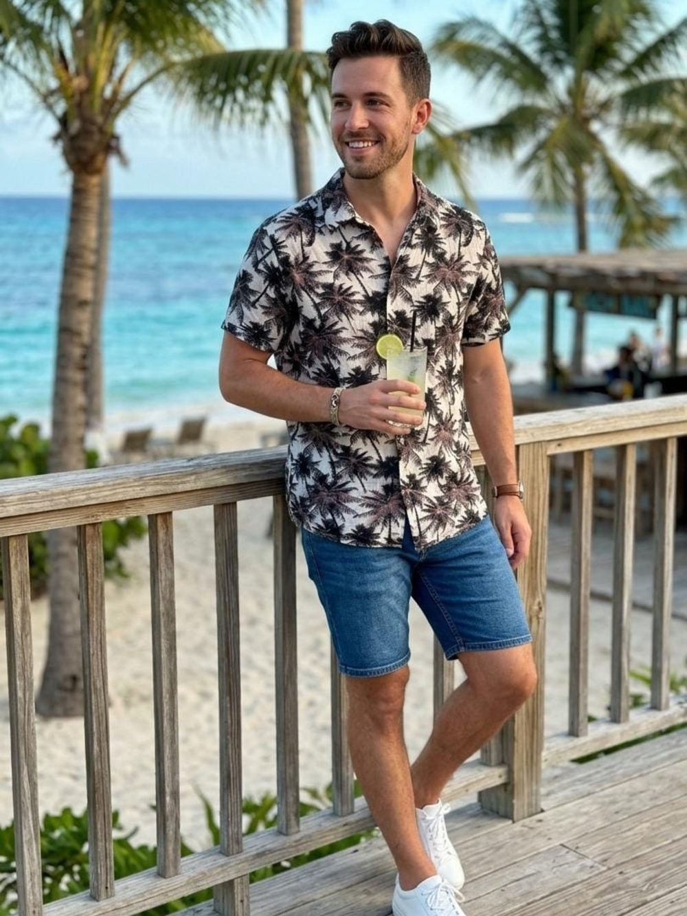 H&M Black and White Palm-Print Short-Sleeve Button-Down Shirt • Size S